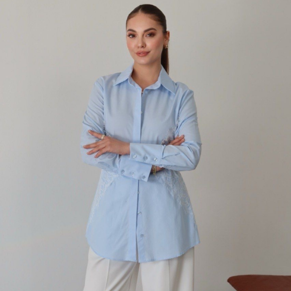 Lace Tie Bluse Blau