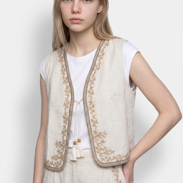 Boho Leinen-Set mit Stickerei Beige
